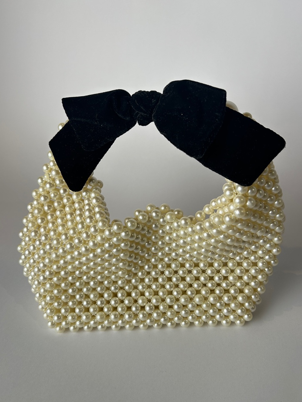 Pearl Beaded Handbag with Black Velvet Bow